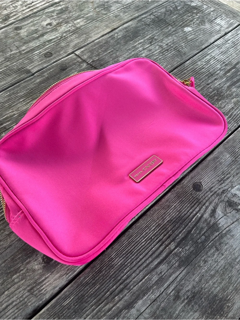 PRADA BRIGHT PINK  SATIN MAKE UP BAG , gold zipper